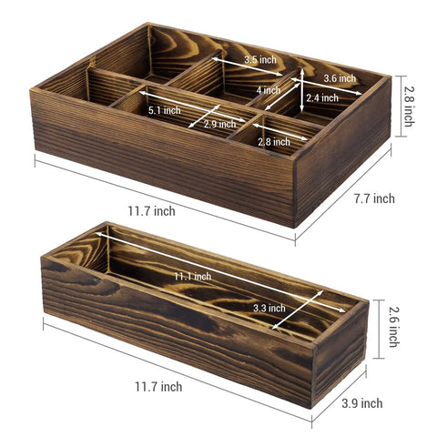 Stackable Rustic Burnt Solid Wood Vanity Organizer Trays 2 Piece Grab And Go Countertop Storage Caddy For Makeup And Cosmetics