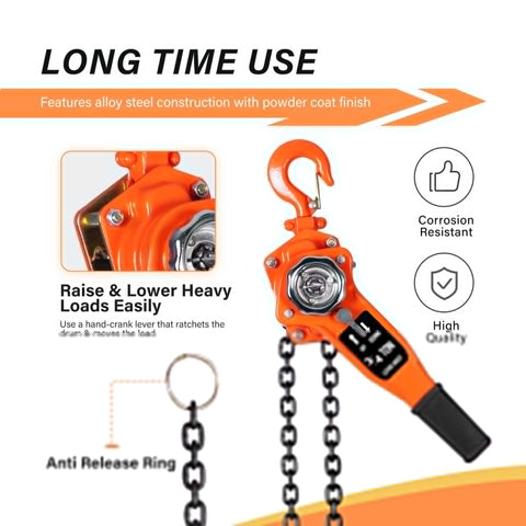 Three Quarter Ton Manual Lever Hoist Come Along With 1650Lbs Capacity, Two Hooks, Ten Feet Chain, Heavy Duty Orange Lifting Tool
