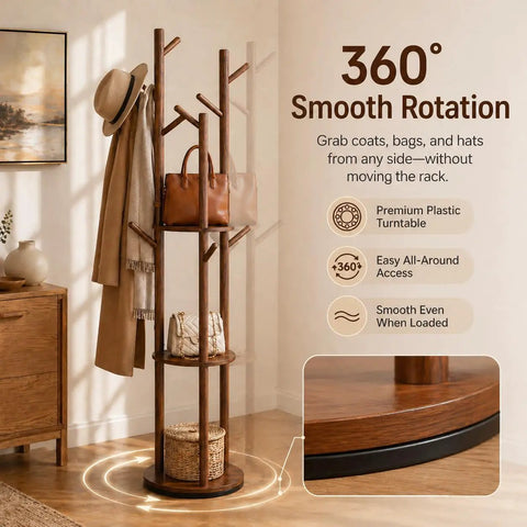 Rotating Coat Rack Freestanding With 9 Hooks And 3 Shelves, Heavy-Duty Rubberwood Hall Tree In Walnut Finish, 360-Degree Spin