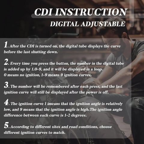 Instruction sheet for DC CDI Box High Performance Racing Part With Digital Adjustable 9 Ignition Curves For CG125 CG150 CG250.