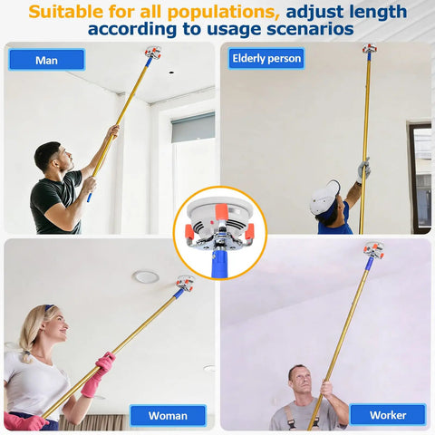 Extra Long 11 Foot Smoke Detector Removal Tool With Two Interchangeable Heads in use by diverse people reaching high ceilings.