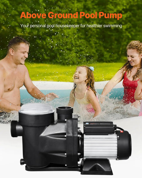 Built Different 2.5 Horsepower Above Ground Pool Pump With 148 Gallons Per Minute Flow And 220V Single Speed Motor For Swimming Pools Hot Tubs And Spas Featuring Heavy Duty Copper Motor beside families enjoying a pool.