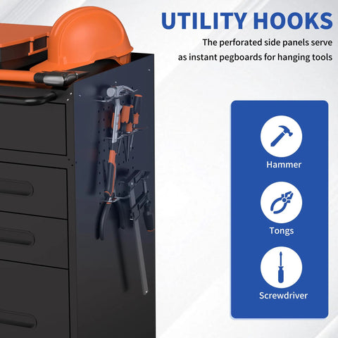 30 Inch Black Steel Tool Storage Cabinet Featuring Secure Compartments And Pegboard Panels Plus Heavy Duty Locking Casters For Slick Garage Organization And Tight Workshop Setup with utility hooks and tools.