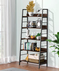 Solid Five Tier Industrial Ladder Bookshelf In Rustic Brown, Steel Frame Leaning Rack For Plants And Daily Gear, Hella Sturdy Freestanding Floor Bookcase For Chill Living Rooms Or Crisp Home Studios with decorative items.