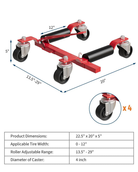 Heavy Duty Car Dolly Jack Four Pack With 6000 Lbs Capacity featuring 4 inch swivel casters and red steel frame dimensions.