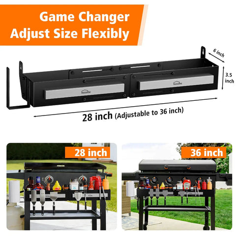 Front Griddle Caddy For 28 And 36 Inch Griddles, Large Capacity BBQ Accessory Organizer With Magnetic Tool Holder, Paper Towel Holder, And Outdoor Grill Storage To Keep Your Station Neat - shown with adjustable size for different griddles