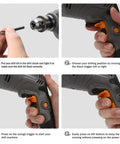 Four images showing how to set up and use a Corded Drill With 3.8 Amp Motor, Variable Speed From 0 to 3300 RPM, Reversible Trigger, Belt Hook