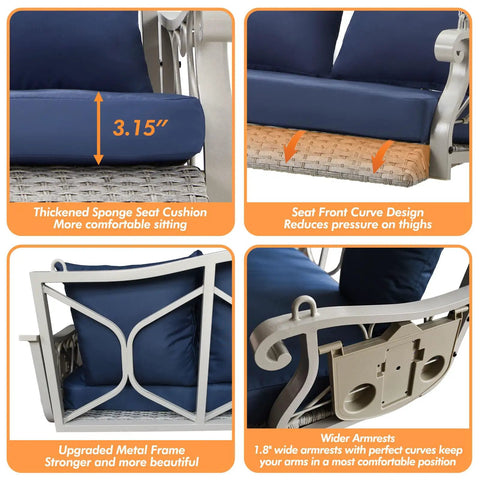 Detailed view of Heavy Duty 900 Lbs Porch Swing Chair For Three Folks Outdoor Rattan Patio Lounge with thick cushions and armrests