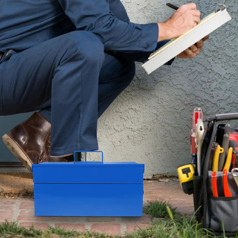 Badass Blue Iron Double Layer Toolbox Organizer With Grip Carry Handle Portable Heavy Duty Build For Garage Setup Or Job Site Grind To Keep Tools Locked In, placed on grass with tools nearby.
