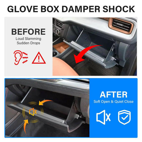 Plug And Play Soft Close Glove Box Damper For Ford Maverick Bronco Sport And Escape Dashboard, before and after soft close operation.