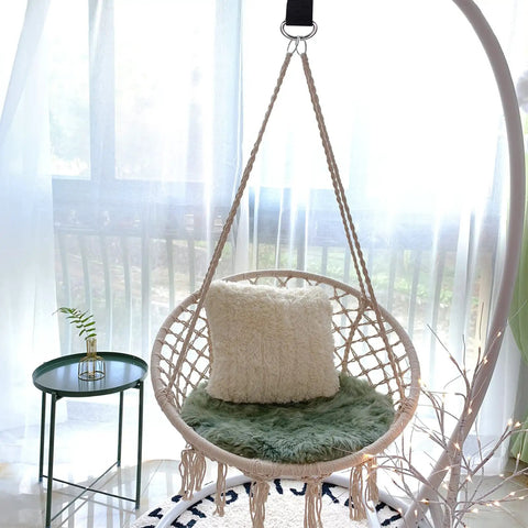 Kickass 4 Pack Short Nylon Tree Swing Straps Hanging Kit With Tough As Nails Suspension Hardware and Industrial Climbing Carabiners For Gym Fitness Rig Attachments Slick Setup For Any Project. Indoor hanging macrame chair with green cushion.