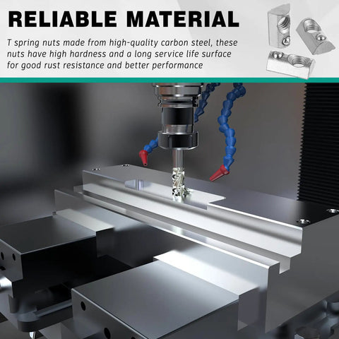 Top Shelf 50 Pack M5 Thread T Slot Spring Nuts Half Roll Steel Coil Hardware in use during a machining process.