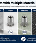 Rock Solid 304 Stainless Steel Rivet Nuts And Button Head Bolts 1/4-20 With Washers 5/8 Lock Nut Fasteners Rust Proof Anti Corrosion Hardware For Marine Automotive Builds in sheet metal, plastic, fiberglass and composite material applications.