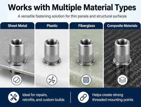 Rock Solid 304 Stainless Steel Rivet Nuts And Button Head Bolts 1/4-20 With Washers 5/8 Lock Nut Fasteners Rust Proof Anti Corrosion Hardware For Marine Automotive Builds in sheet metal, plastic, fiberglass and composite material applications.