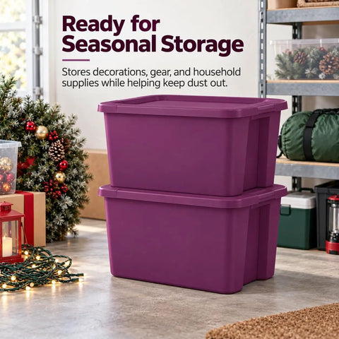 Top Shelf 18 Gallon Storage Bin With No Sweat Snap On Lid stacked in a garage, showcasing hella spacious magenta design.