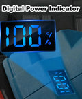 Digital power indicator showcasing battery level at 100% on the No Fuss 2 In 1 Cordless Drill And Mixer in bright blue.
