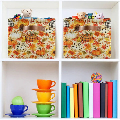 Totally Solid Fall Pumpkin Floral Collapsible Storage Basket With Real Smooth Faux Leather Handles And Water Resistant Fabric Making Quick Large Home Organization An Absolute Breeze, filled with toys and sitting on a shelf.