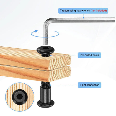 M8 X 12Mm Hex Drive Socket Cap Bolt with barrel nut joining wooden planks for tight furniture assembly connection.