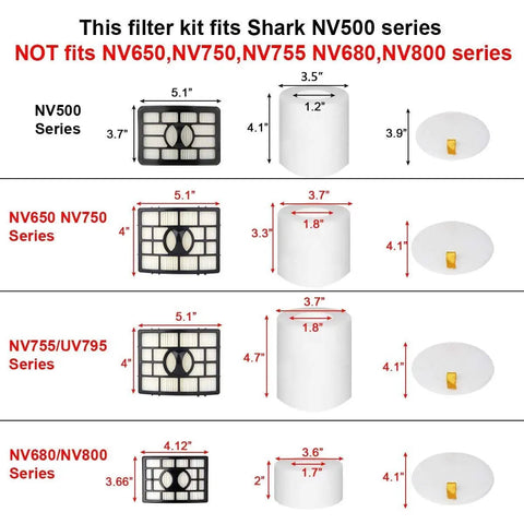Replacement Vacuum Filters Kit For Lift Away Rotator NV Series Cleaners, 2 Post Filters Plus 4 Foam And Felt Filters, size chart shown