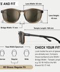Top Shelf Shatterproof Sunglasses And Work Safety Shades Featuring Premium Polarized Grey Lenses For Men And Women Encased In A Dope Gloss Tortoise Build Packing Serious Uv Defense size and fit dimensions including lens width and bridge.
