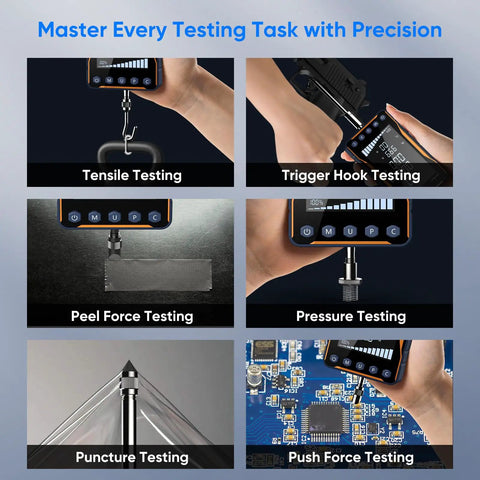Pro-Grade Digital Force Gauge with Epic Big Screen and Bold Multi-Unit Readouts for Killer Push Pull Accuracy and Trigger Pull Testing for Industrial Quality Assurance in use for various testing tasks.
