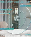 Close-up of Large Round Lazy Susan With Solid 360 Smooth Spin Heavy Duty Tempered Glass Turntable Tray, showcasing polished edges and aluminum base.