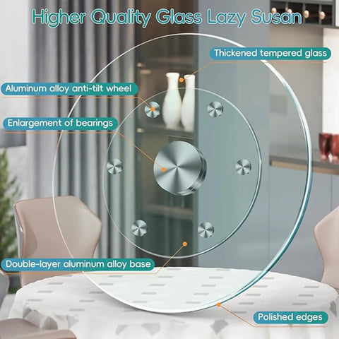 Heavy Duty Round Tempered Glass Lazy Susan With Swivel Assist Mechanism showcasing thickened glass, aluminum base, and polished edges.