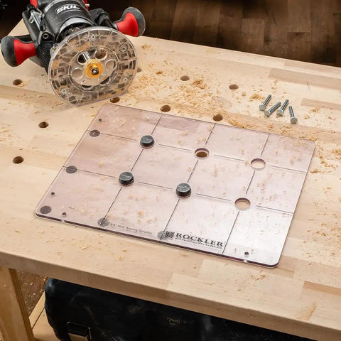 Spaced Dog Hole Router Template For Precise Holes And Bench Tools Like Dogs Cookies And Holdfasts on a woodworking bench
