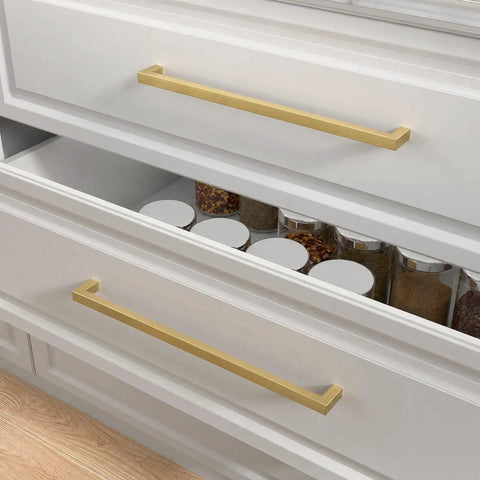 Killer 10 Pack Square Cabinet Handles For Kitchen Cupboards And Wardrobes Featuring Slick Brushed Gold Finish on drawers.