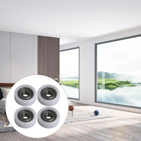 Heavy Duty Nylon Pulley Wheels With Slick Roller Bearings For Breeze To Install Sliding Windows Doors And Cabinet Drawers 5X19X7MM White Coated Finish Pack Of Four displayed in a modern interior setting.