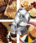 Electric Grain Mill Grinder In Stainless Steel 304 With Auto Time Switch Easy Pour Inner Wall And Heavy Duty Construction Ideal For Grinding Coffee Beans Wheat Corn Oats Rice And Other Dry Goods At Home Or Small Shops with grains, nuts, and spices displayed around