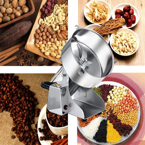 Electric Grain Mill Grinder In Stainless Steel 304 With Auto Time Switch Easy Pour Inner Wall And Heavy Duty Construction Ideal For Grinding Coffee Beans Wheat Corn Oats Rice And Other Dry Goods At Home Or Small Shops with grains, nuts, and spices displayed around