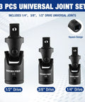 Flexible Universal Joint Socket Adapter Set For Multi Angle Access Includes One Quarter Inch, Three Eighths Inch And One Half Inch Drives