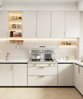 Modern kitchen with white cabinets and sleek design, featuring a clean countertop and under-cabinet lighting for a minimalist look.