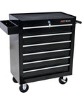 Heavy Duty Rolling Tool Chest With Six Roomy Drawers, featuring a black finish, secure locking lid, and smooth rolling casters.