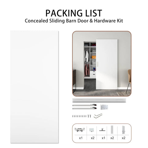 30X84 Inch Flush White Primed Barn Door With Invisible Hidden Track And Soft Close Hardware Kit, includes hardware for installation.