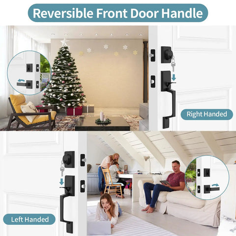 Heavy Duty Matte Black Front Door Lock Set With Deadbolt Modern Exterior Door Handle, reversible for right and left swing