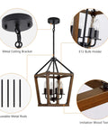 Rustic Farmhouse 4 Light Pendant Chandelier With Imitation Oak Wood Grain, Vintage Iron Lantern Design with details on parts and texture