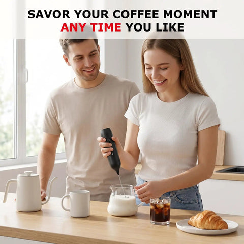 Woman using Rechargeable Handheld Milk Frother With USB C Charging in kitchen for coffee preparation