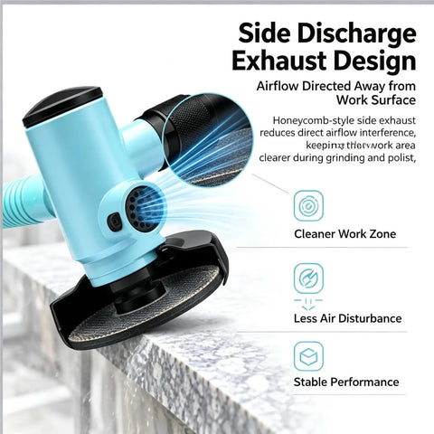 Knockout Four Inch Pneumatic Air Angle Grinder Featuring Non Slip Rubber Auxiliary Handle For Badass Heavy Duty Metalworking Cutting Grinding And Fast Polish Jobs with side discharge exhaust design.