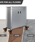 Ridin Smooth Heavy Duty Five Inch Stem Caster Wheels With Dual Brakes mounted on a storage cart, safe for tile, wood, and cement floors.