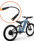 Two Pack 3 Pin Electric Bicycle Sensor Cables Waterproof Male To Female Connectors for E Bikes shown next to a blue e-bike