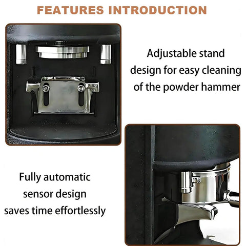 Close-up view of Automatic 58mm Electric Coffee Tamper Featuring Adjustable Pressure Control and Programmable Tamping Cycles.