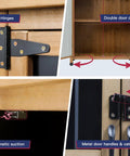 Close-up of Outdoor Wood And Metal Storage Cabinet With Waterproof Roof, featuring 4 T-Hinges, magnetic door, and removable shelves.