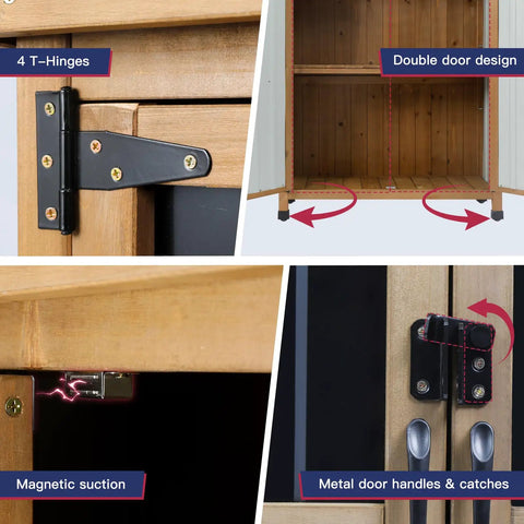 Close-up of Outdoor Wood And Metal Storage Cabinet With Waterproof Roof, featuring 4 T-Hinges, magnetic door, and removable shelves.
