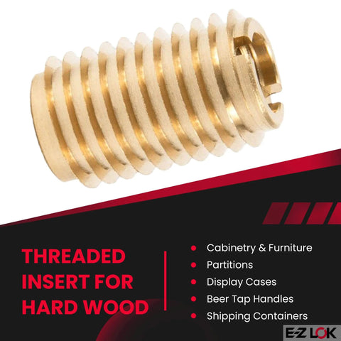 Knife Threaded Wood Insert With Brass Threads, 1/4-20 Internal Threads, 0.75 Inch Length, shown for hard-wood furniture use.