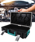 Heavy Duty Stackable Toolbox With Metal Clip And Easy Grip Top Handle For Modular Workshop Rig and Clutter Free Job Site Storage, open with interior view.
