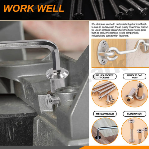 Kickass M6 Connector Bolt And Cap Nut Assortment Kit For Furniture Joints And Desk Assembly Includes Rock Solid Hex Socket Screws being installed with an Allen wrench.