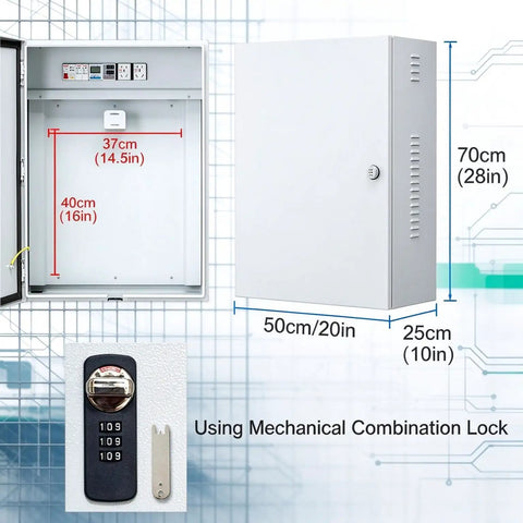 Heavy Duty Wall Mount EV Charger Enclosure Built Tough As Nails For All Season Exterior Use Featuring Rust Proof Steel Shell And Digital Combo Lock, showing internal dimensions and lock.