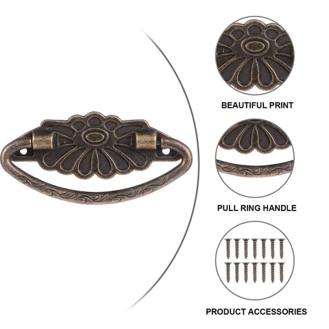 4 Pack Antique Alloy Drawer Handles Ring Pulls With Retro Wooden Case Look featuring floral design and accessory screws